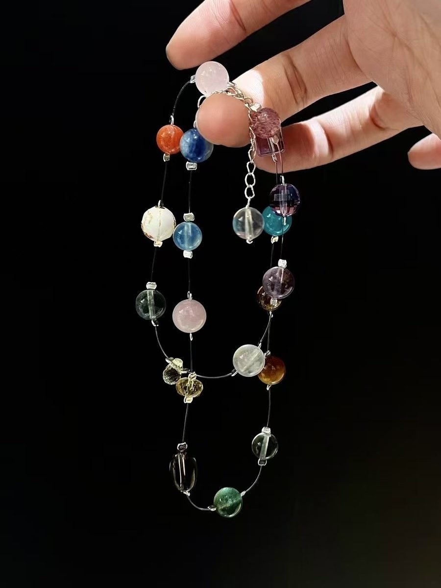 Rose Quartz Faceted Necklace with Rainbow Moonstone & Amethyst — Ref. 02417 - Image 2