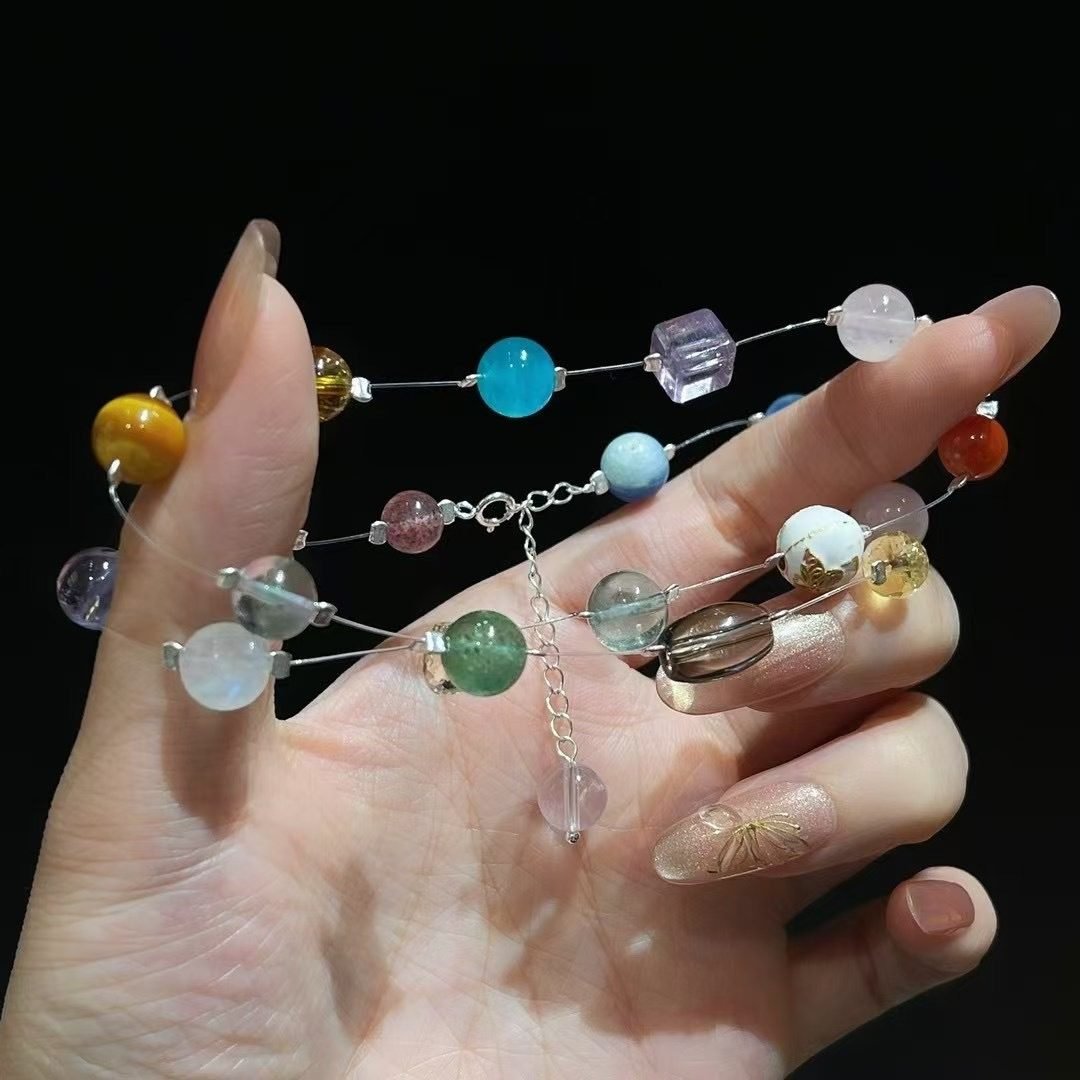 Rose Quartz Faceted Necklace with Rainbow Moonstone & Amethyst — Ref. 02417 - Image 3