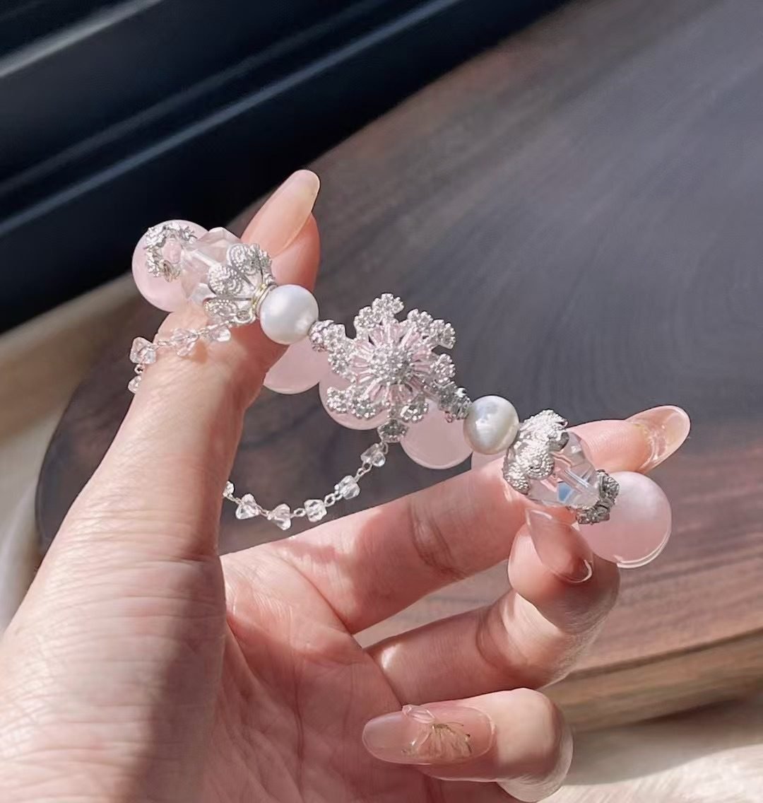 Rose Quartz Faceted Bracelet with Clear Quartz & Freshwater Pearl