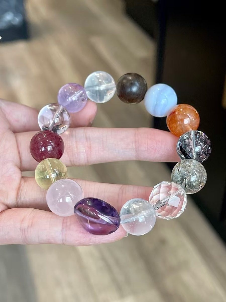 14mm 7 Chakra Balancing Faceted Bracelet with Rose Quartz & Amethyst