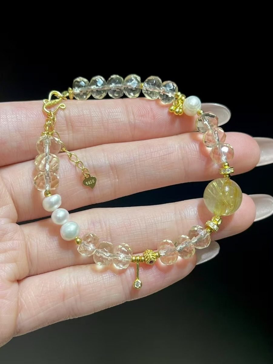 Citrine Faceted Bracelet with Rutilated Quartz & Freshwater Pearl