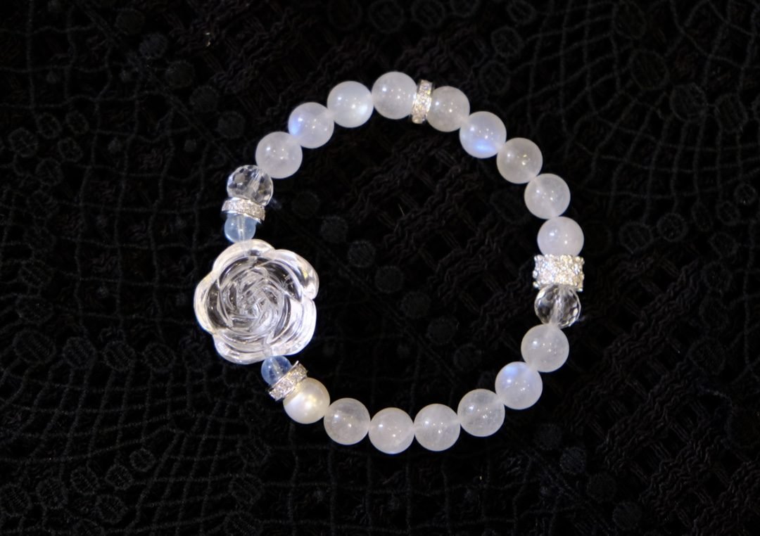 8mm Rainbow Moonstone Bracelet with Clear Quartz & Aquamarine
