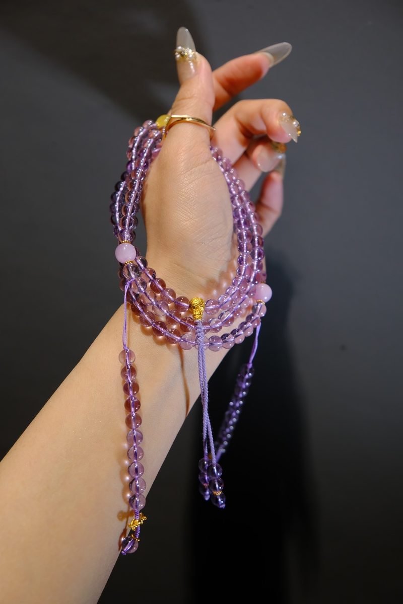 6mm Ice-Crystal Amethyst Mala with Kunzite & Amber · 108-Bead Mala
