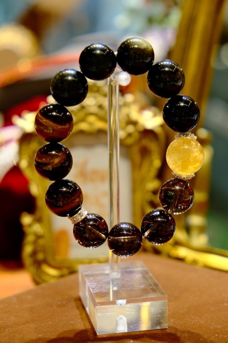 16mm Black Obsidian Bracelet with Smoky Quartz & Tiger Eye