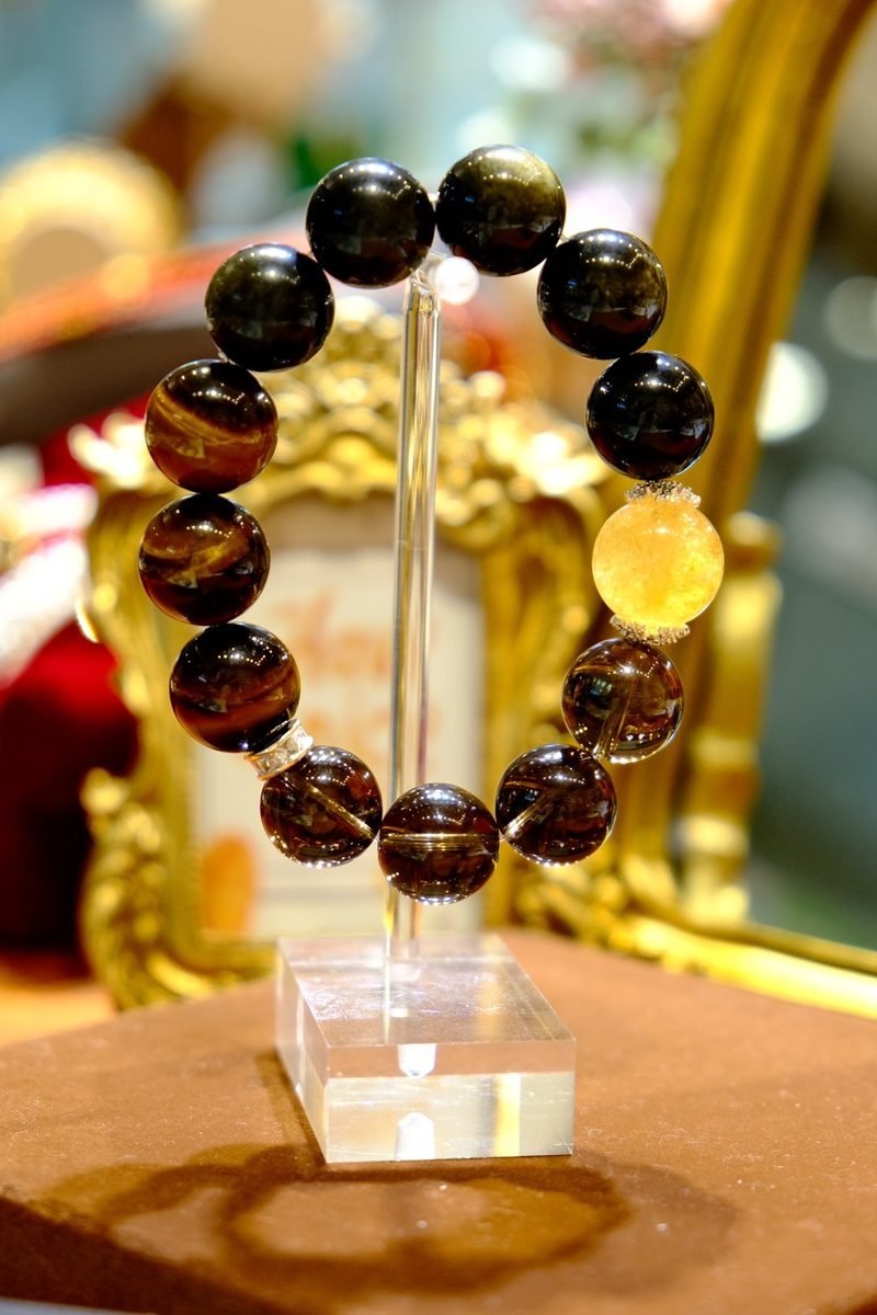 16mm Black Obsidian Bracelet with Smoky Quartz & Tiger Eye - Image 2