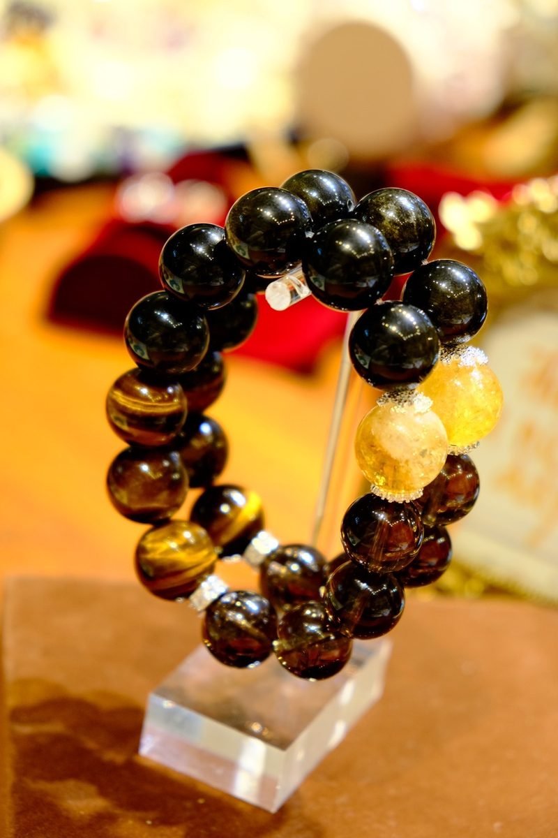16mm Black Obsidian Bracelet with Smoky Quartz & Tiger Eye - Image 3