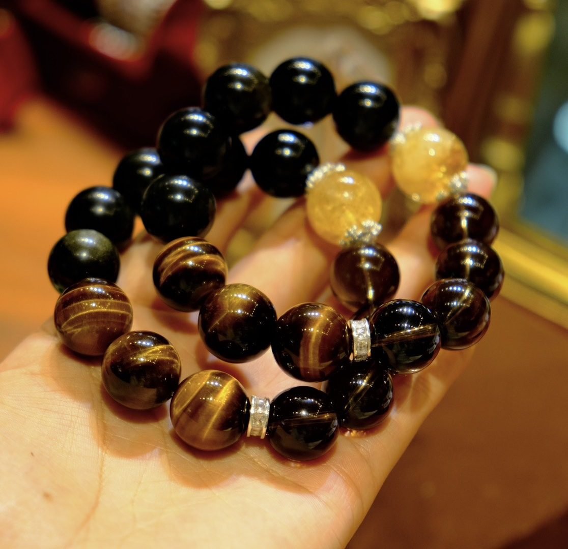 16mm Black Obsidian Bracelet with Smoky Quartz & Tiger Eye - Image 4