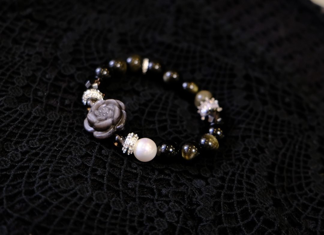 8mm Black Obsidian Bracelet with Smoky Quartz